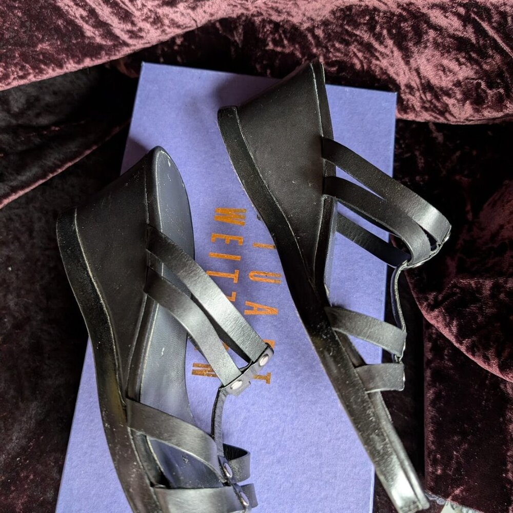 Stuart Weitzman Shoe Box and Slightly Frayed Wedge Heels Black Strappy Slides